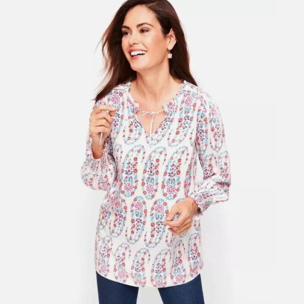 Talbots Tie Neck Dotted Paisley Smocked Top XL